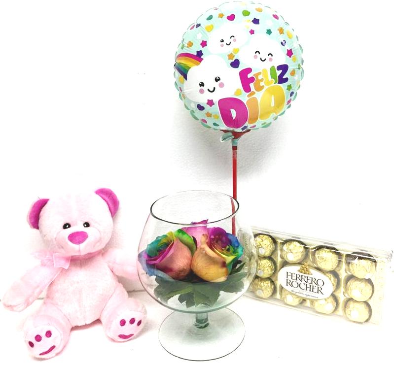 Copa con 3 Rosas Arcoiris, Peluche 19cm, Bombones Ferrero Rocher 150grs y Globito